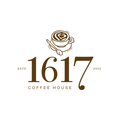 Logo of 1617 Coffee House with a coffee cup and heart design on a white background
