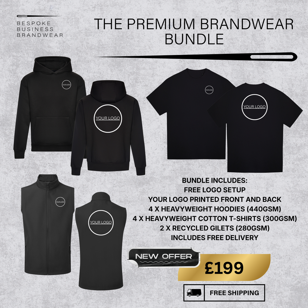 A promotional graphic for a clothing bundle showing multiple black apparel items on a light gray textured background: several hoodies, T-shirts, and a long-sleeve top. The products are labeled with placeholder logo graphics.