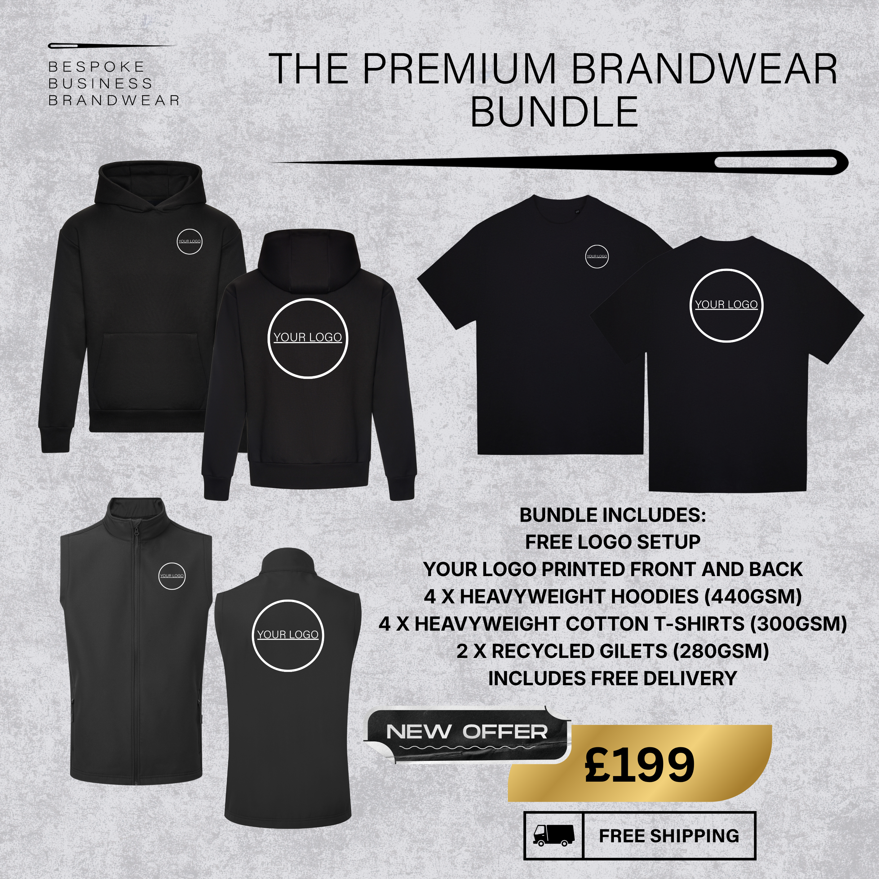 A promotional graphic for a clothing bundle showing multiple black apparel items on a light gray textured background: several hoodies, T-shirts, and a long-sleeve top. The products are labeled with placeholder logo graphics.