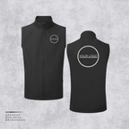 Black sleeveless zip-front vest shown from the front and back on a light gray textured background. The front has a small circular white logo on the left chest, and the back has a larger circular placeholder with the text 'YOUR LOGO'.
