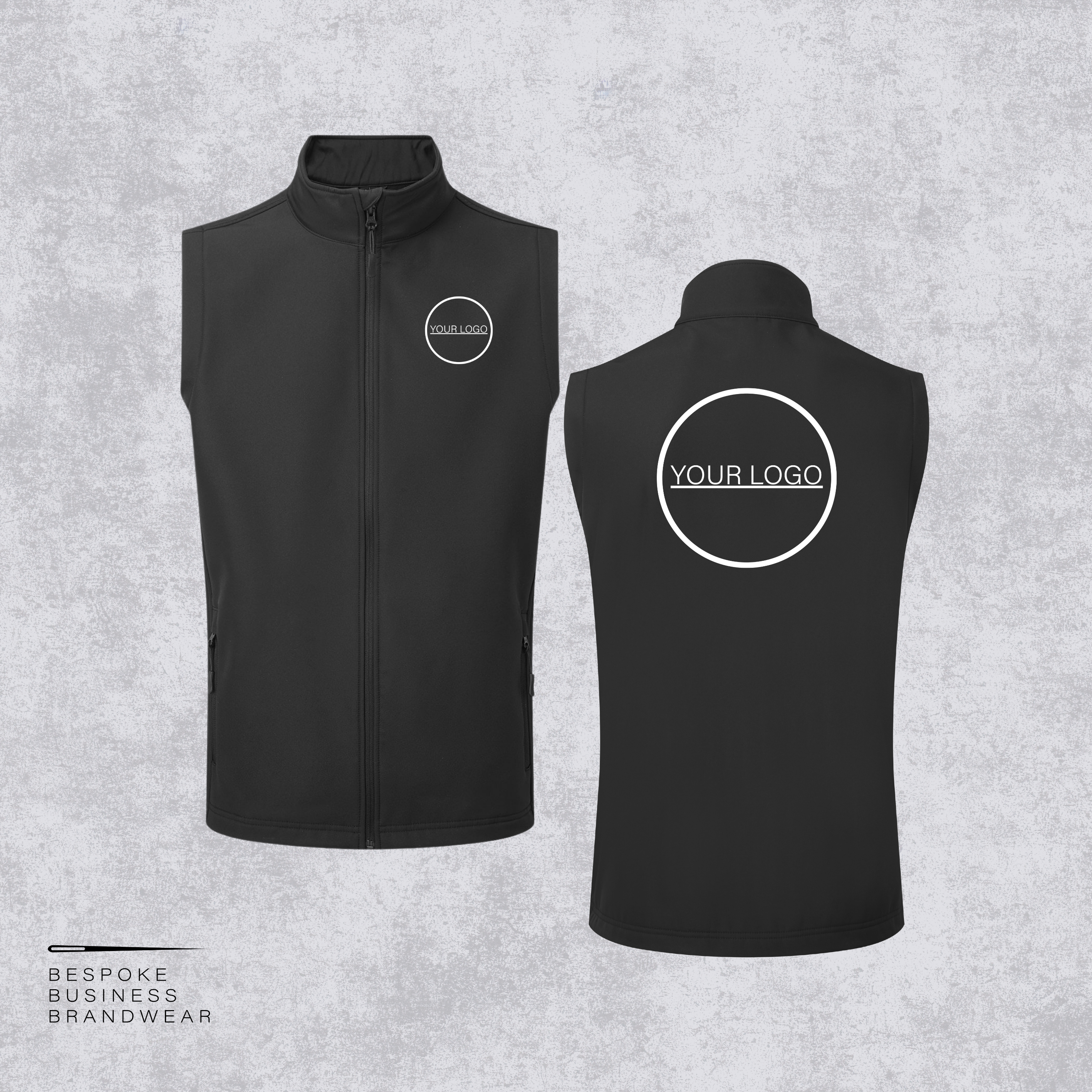 Black sleeveless zip-front vest shown from the front and back on a light gray textured background. The front has a small circular white logo on the left chest, and the back has a larger circular placeholder with the text 'YOUR LOGO'.