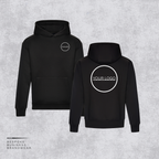 Two black custom-printable hoodies shown from the front and back on a textured gray background. The front hoodie features a small circular logo placeholder on the left chest, and the back hoodie features a larger circular logo placeholder with the text 'YOUR LOGO'.