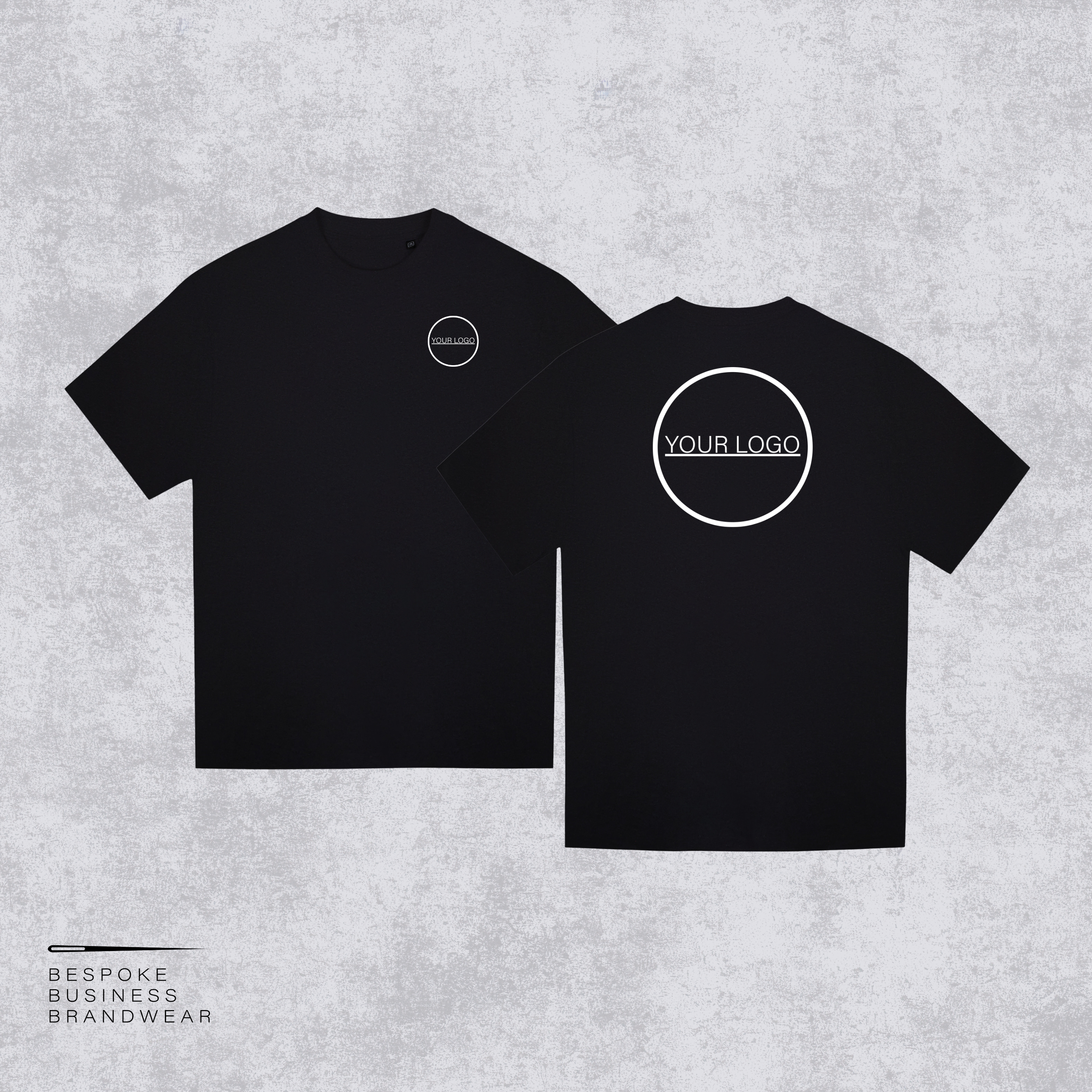 Two black short-sleeve t-shirts shown on a light gray textured background, with the front view on the left and back view on the right. Both shirts feature a white circular logo placeholder; the back shirt has a larger circular logo with the text 'YOUR LOGO'.