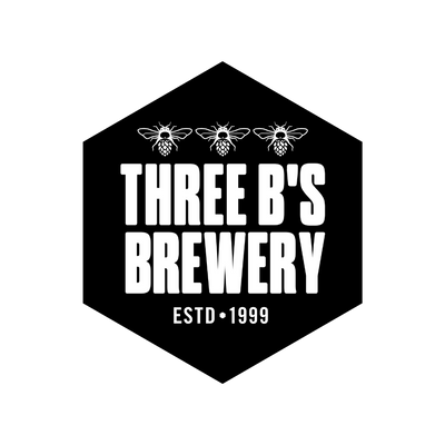 Hexagonal logo for Three B's Brewery with bees and establishment year on a white background