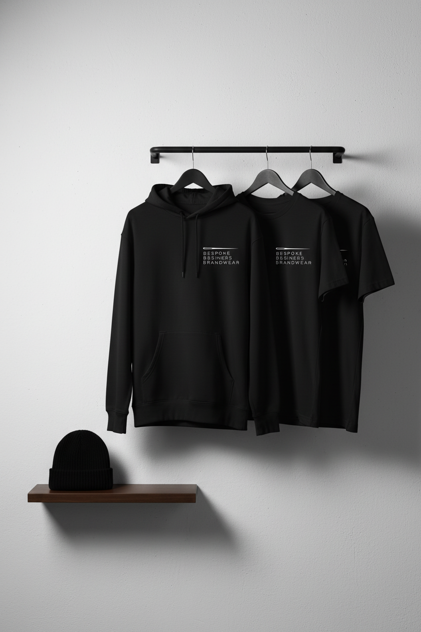 Everyday Brandwear Set hanging display against textured wall with BBB logo