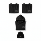 Everyday Brandwear Set flat-lay — 2 black organic t-shirts, hoodie and beanie with BBB logo