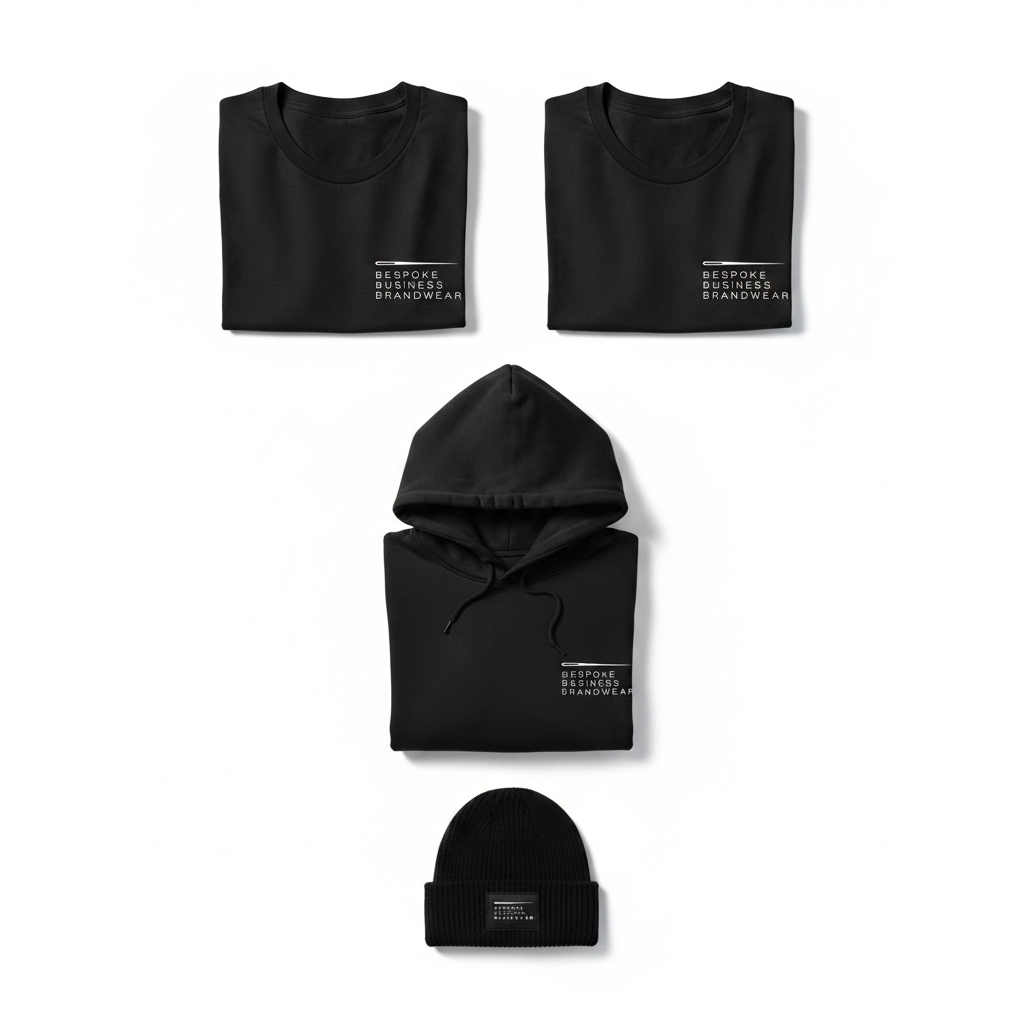 Everyday Brandwear Set flat-lay — 2 black organic t-shirts, hoodie and beanie with BBB logo